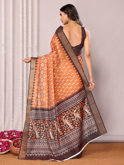 Janasya Orange Chanderi Silk Ikkat Printed Saree - Distacart