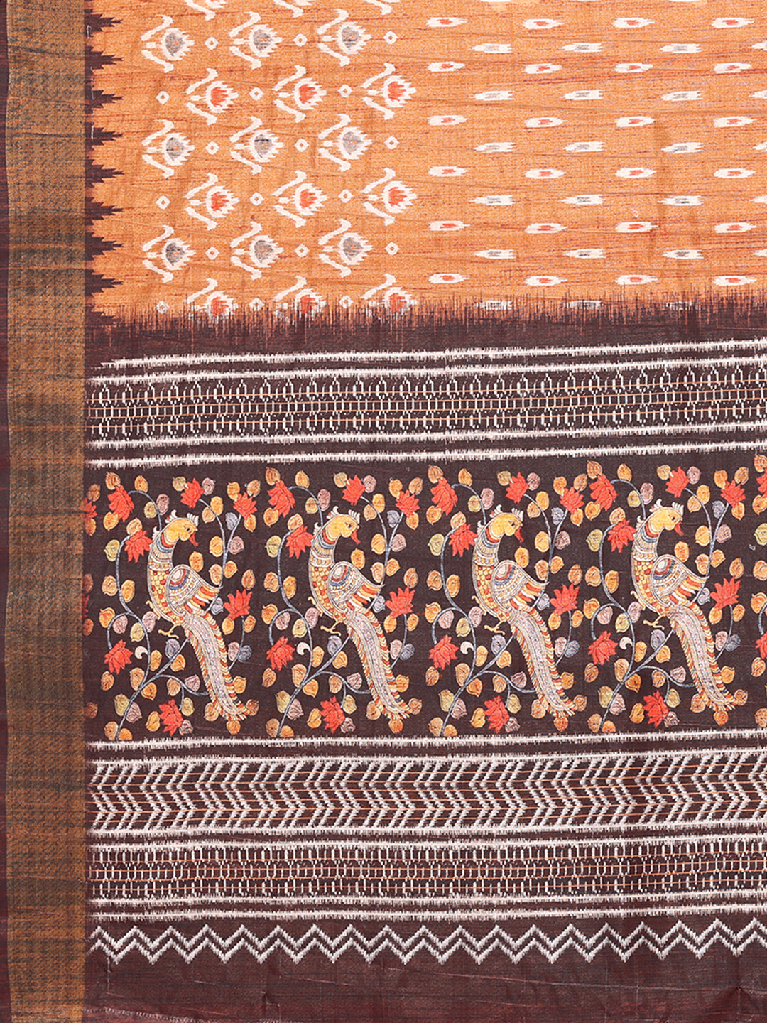 Janasya Orange Chanderi Silk Ikkat Printed Saree