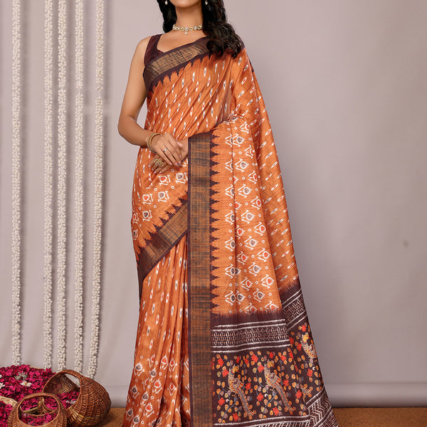 Janasya Orange Chanderi Silk Ikkat Printed Saree - Distacart