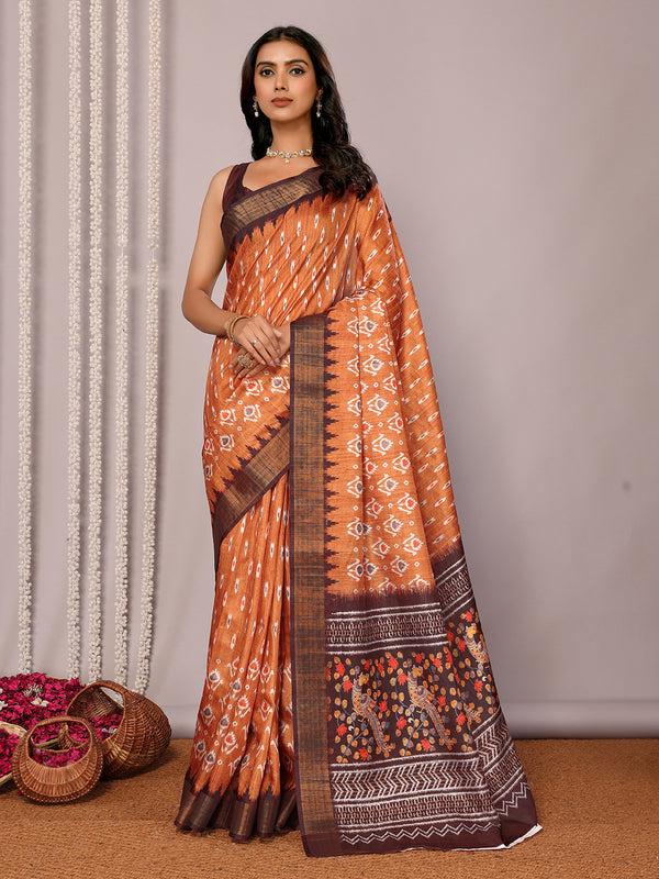 Janasya Orange Chanderi Silk Ikkat Printed Saree