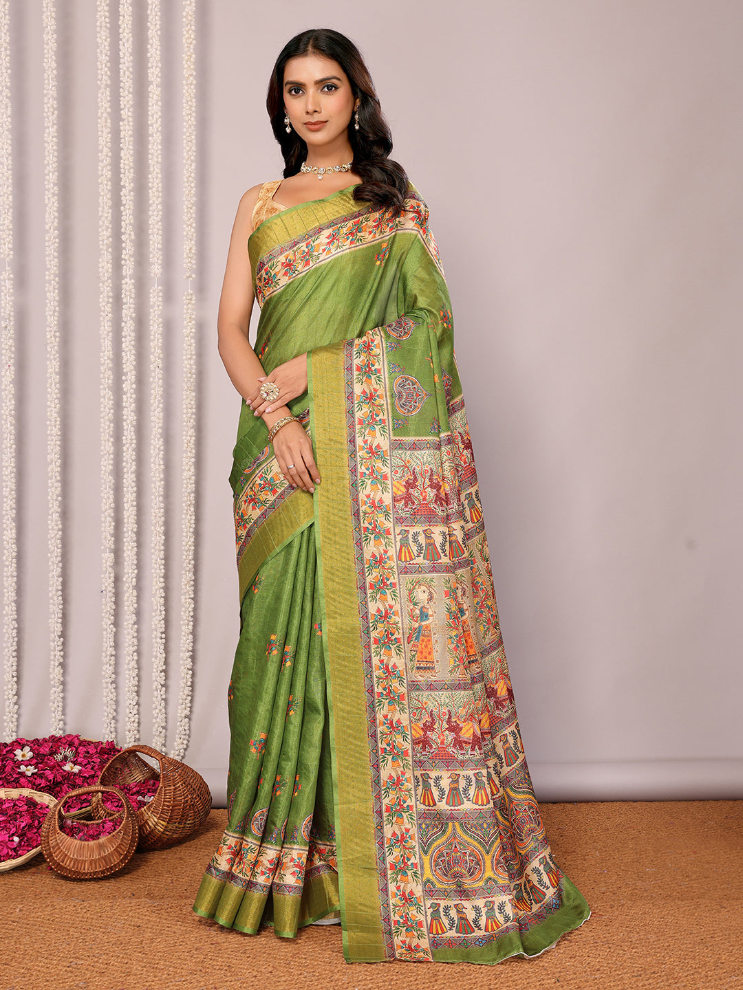 Janasya Green Chanderi Silk Kalamkari Printed Saree