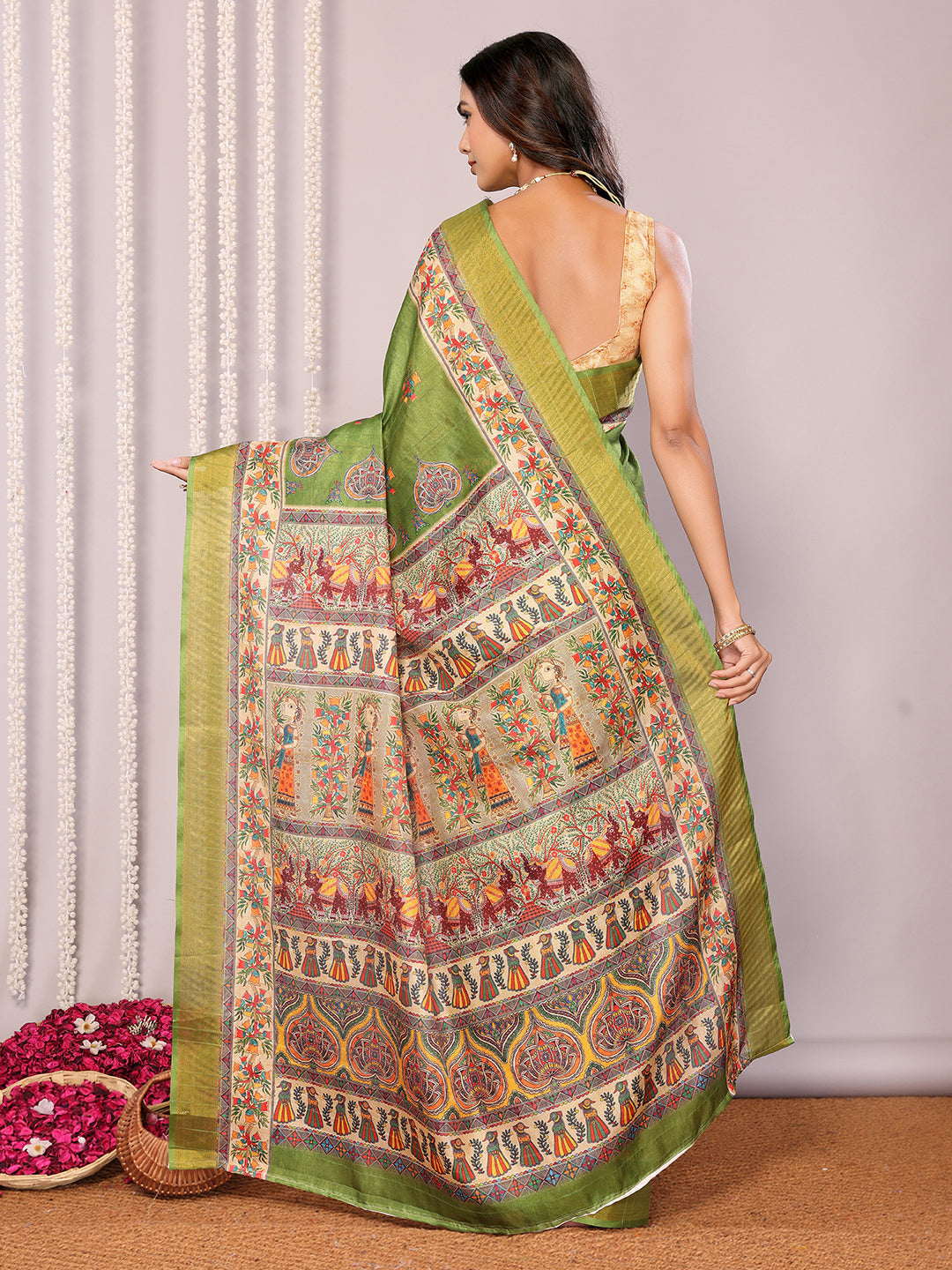 Janasya Green Chanderi Silk Kalamkari Printed Saree