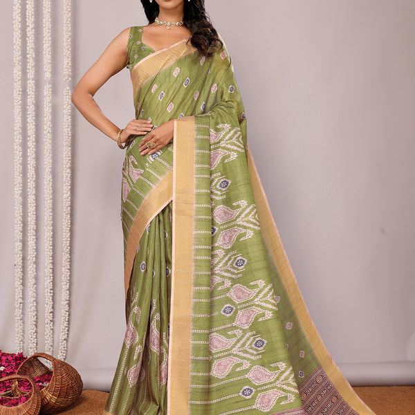 Janasya Green Chanderi Silk Ikkat Printed Saree