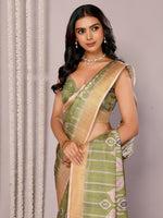 Thumbnail for Janasya Green Chanderi Silk Ikkat Printed Saree