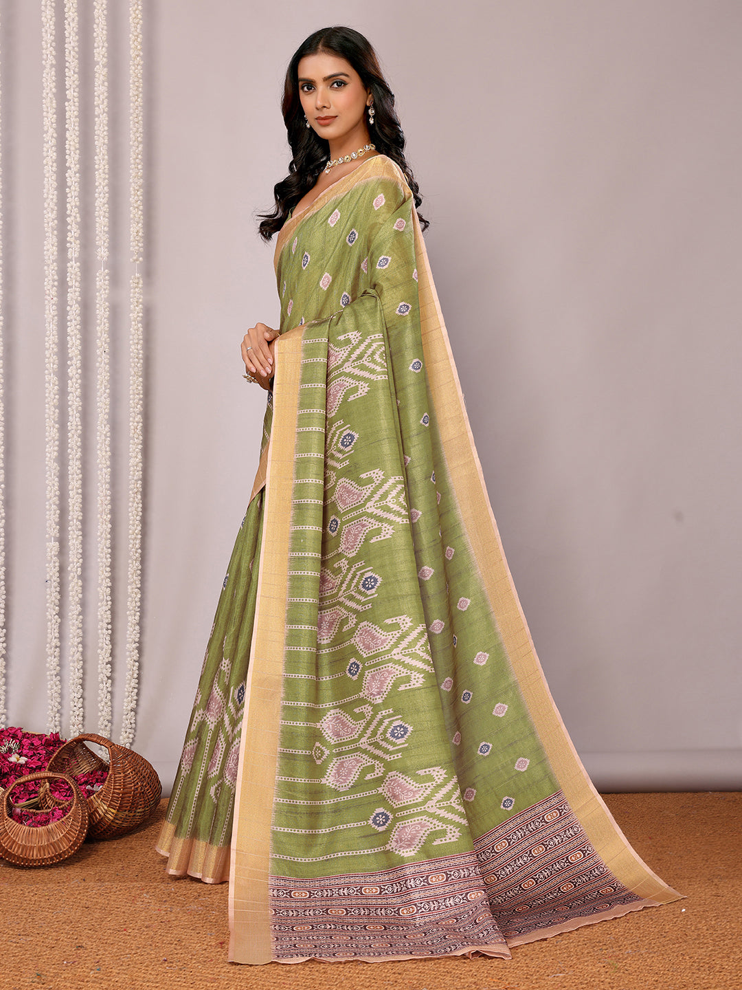 Janasya Green Chanderi Silk Ikkat Printed Saree