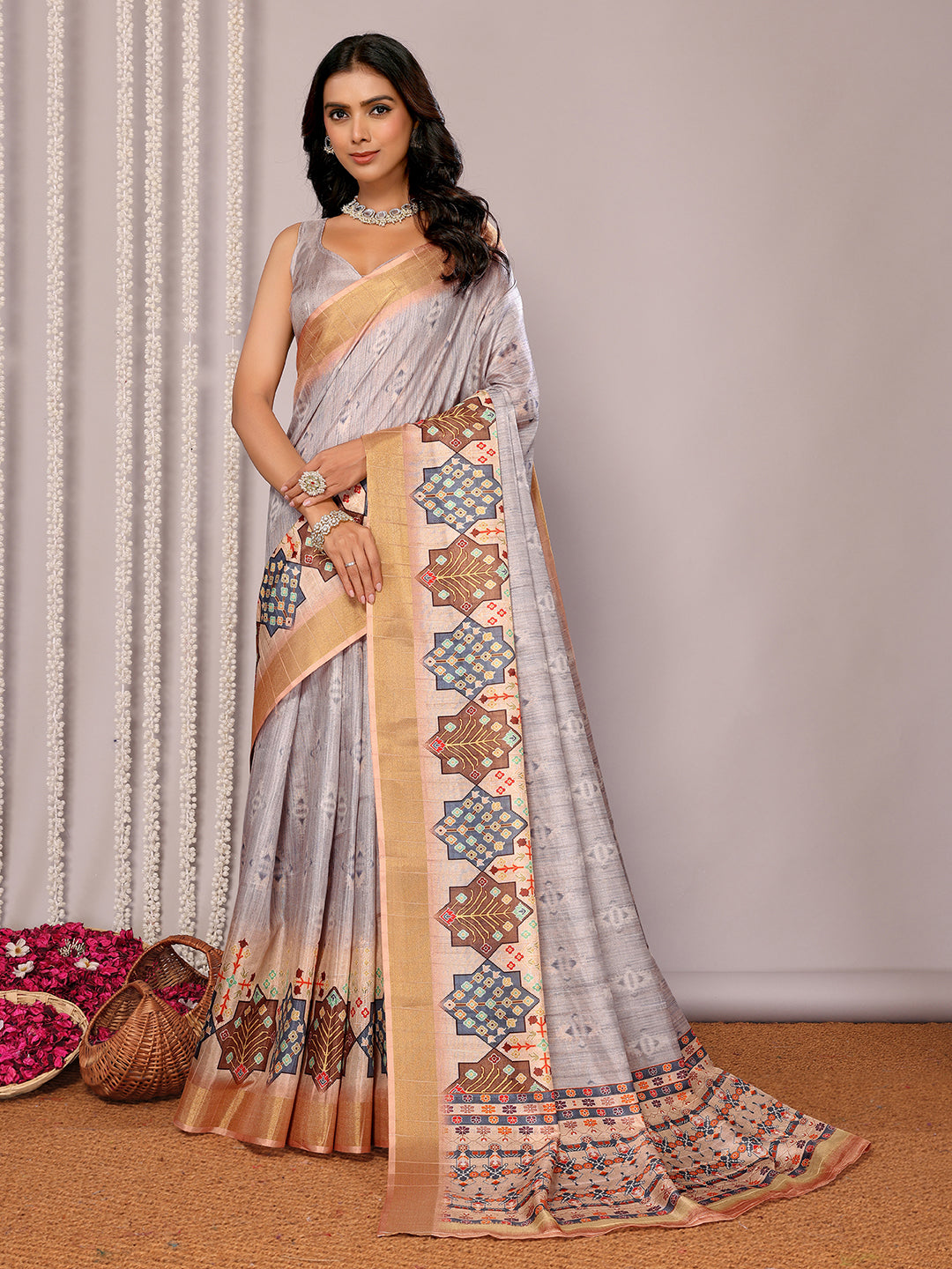 Janasya Beige Chanderi Silk Ethnic Print Printed Saree