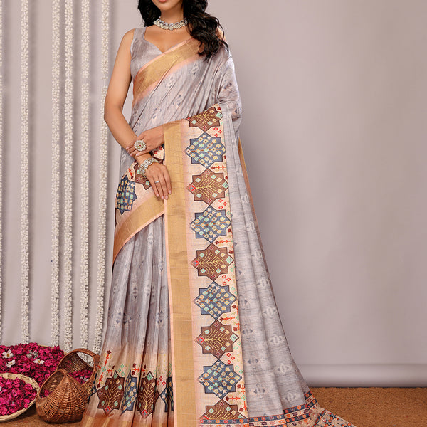 Janasya Beige Chanderi Silk Ethnic Print Printed Saree
