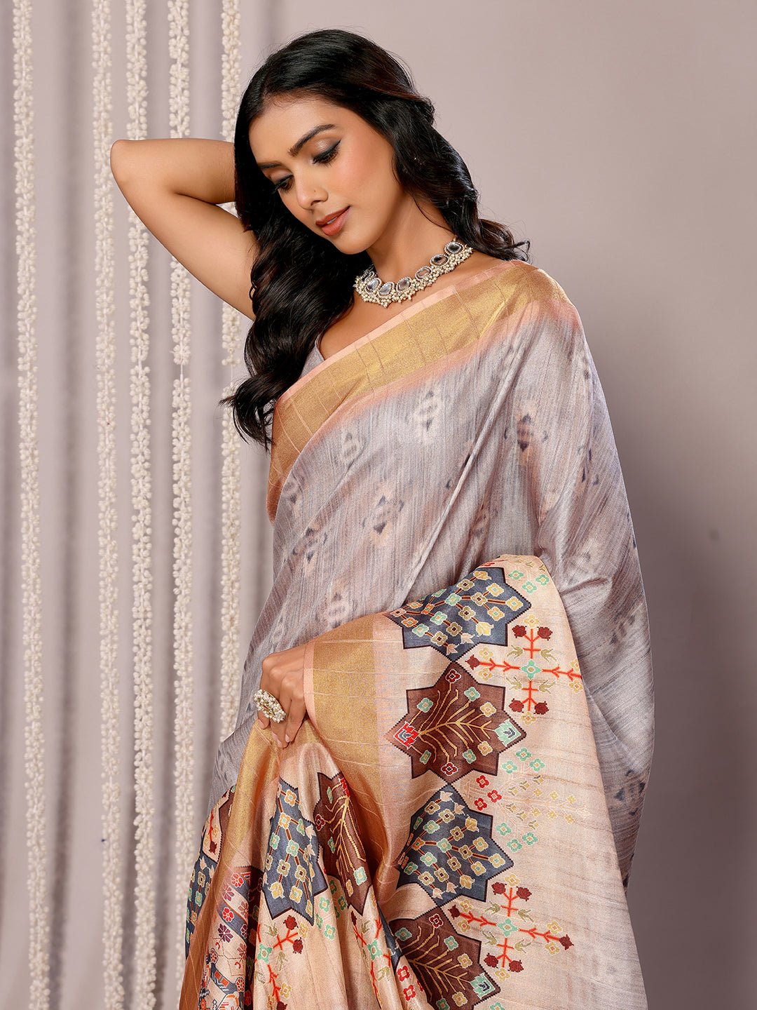 Janasya Beige Chanderi Silk Ethnic Print Printed Saree