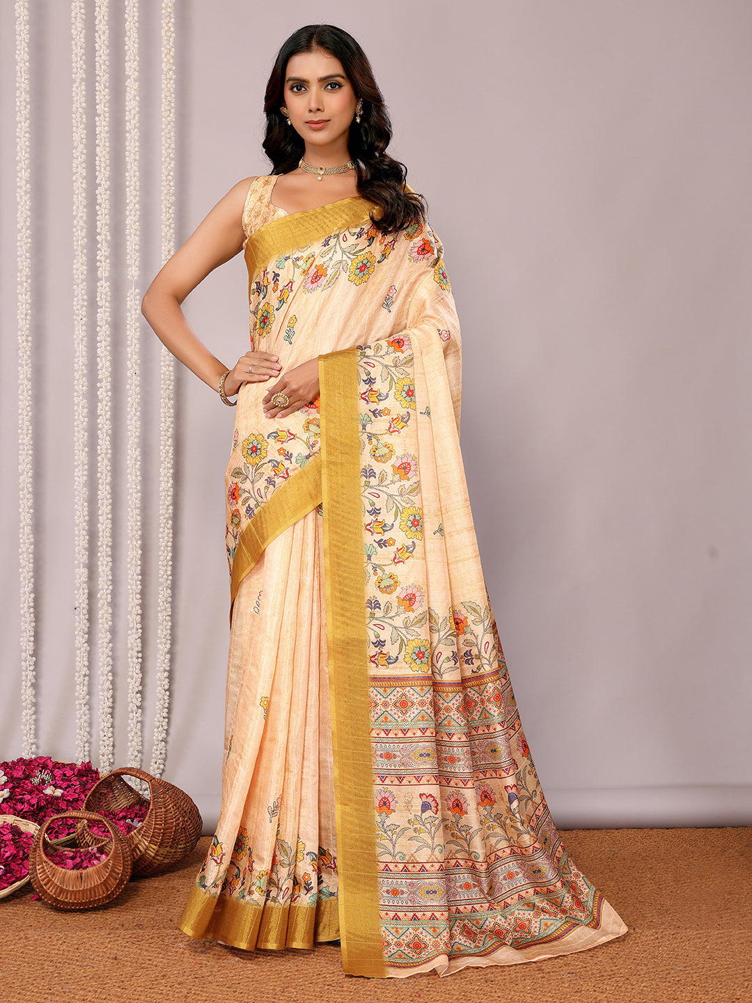 Janasya Beige Chanderi Silk Floral Printed Saree