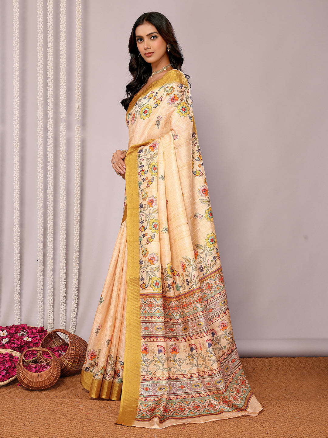 Janasya Beige Chanderi Silk Floral Printed Saree