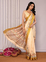 Thumbnail for Janasya Beige Chanderi Silk Floral Printed Saree