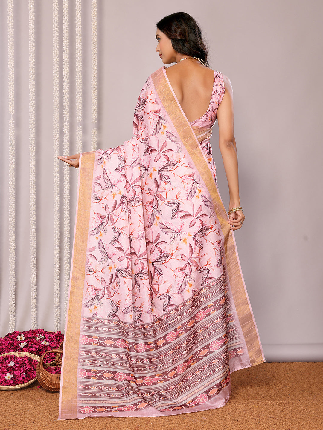 Janasya Light Pink Chanderi Silk Floral Printed Saree