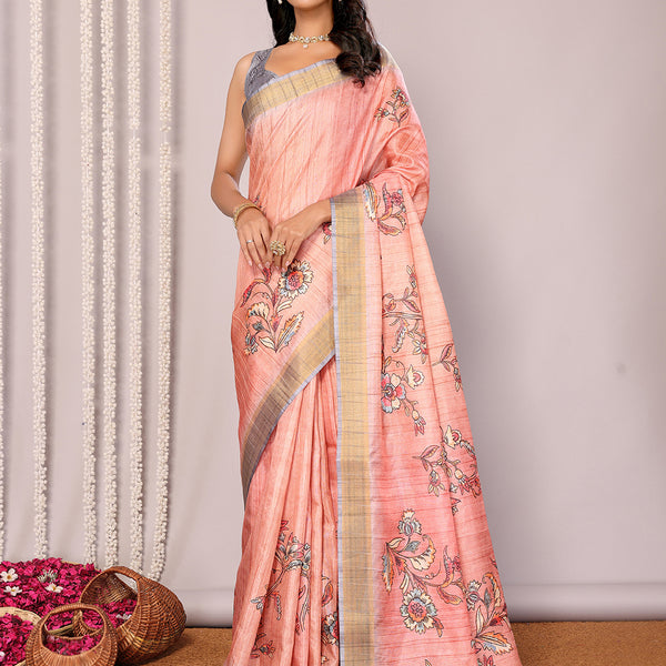 Janasya Peach Chanderi Silk Floral Printed Saree