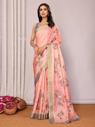 Janasya Peach Chanderi Silk Floral Printed Saree