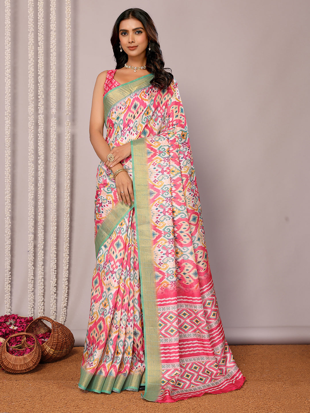 Janasya Pink Chanderi Silk Ikkat Printed Saree