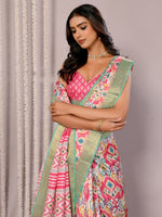 Thumbnail for Janasya Pink Chanderi Silk Ikkat Printed Saree