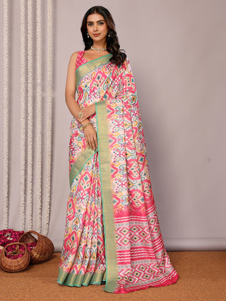 Janasya Pink Chanderi Silk Ikkat Printed Saree