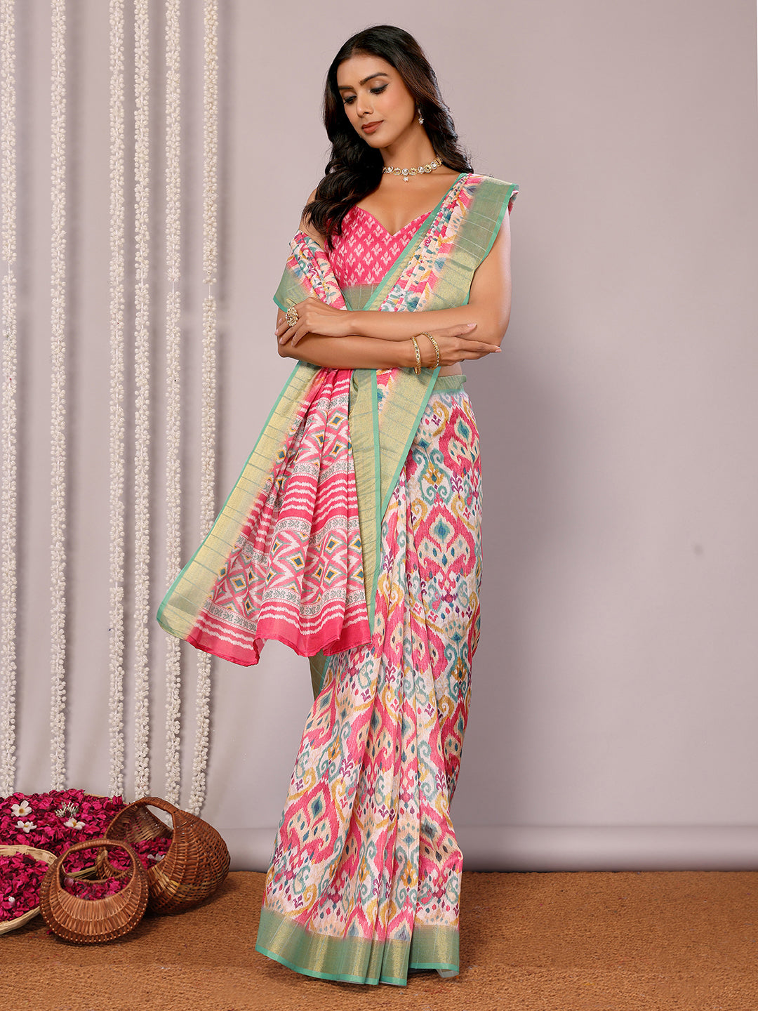Janasya Pink Chanderi Silk Ikkat Printed Saree