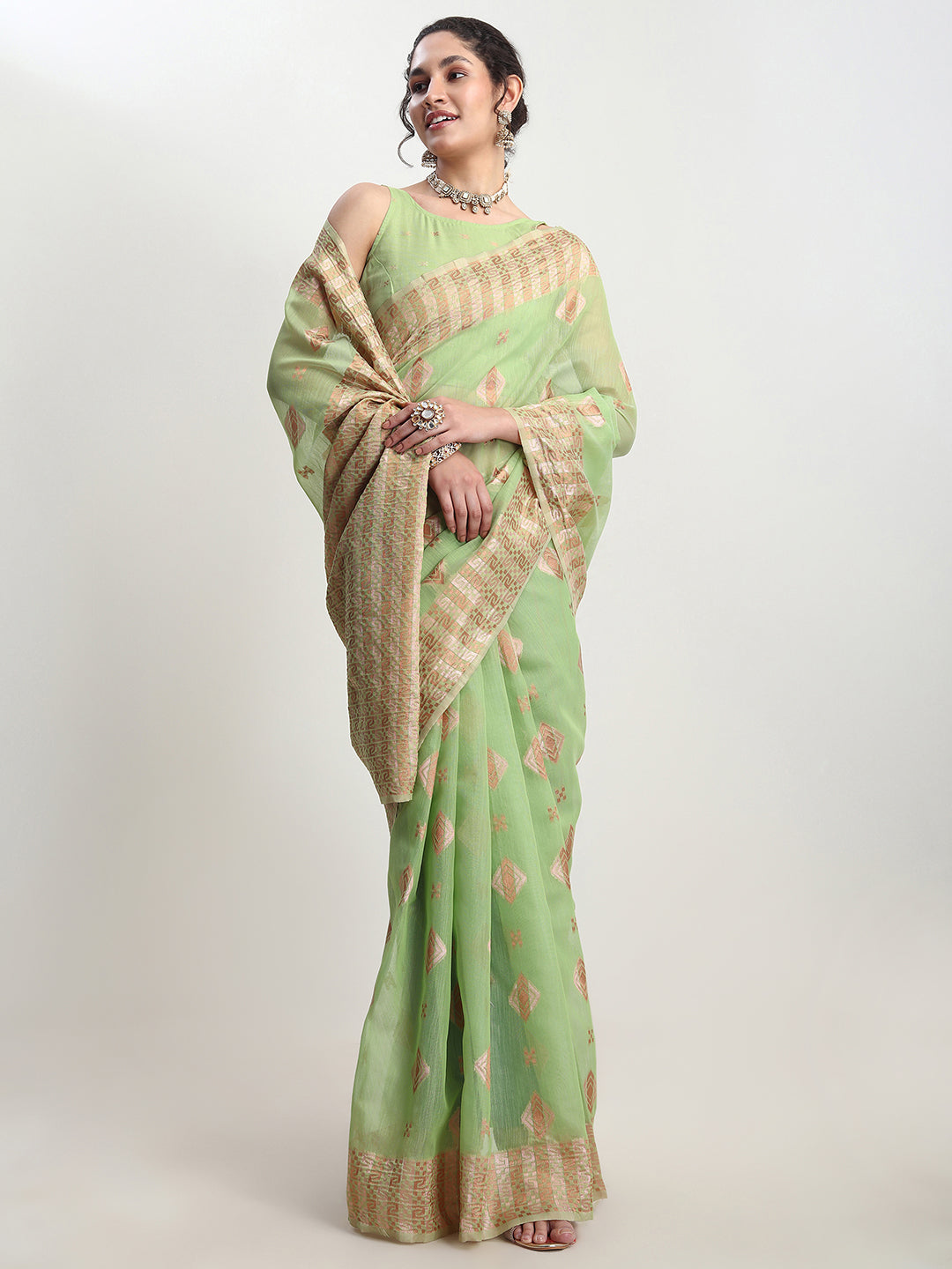 Janasya Green Linen Blend Geometric Jacquard Saree