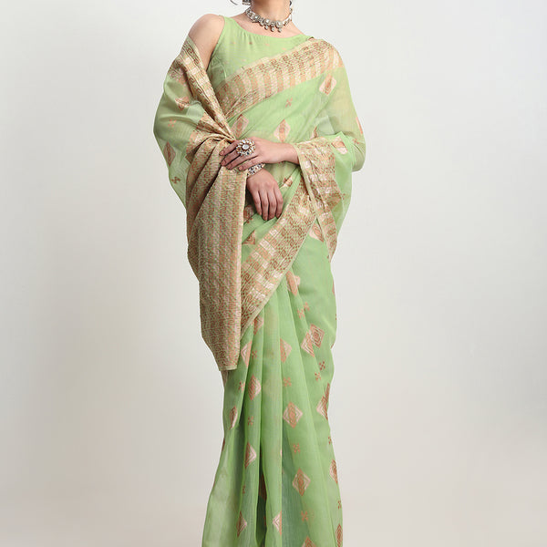 Janasya Green Linen Blend Geometric Jacquard Saree