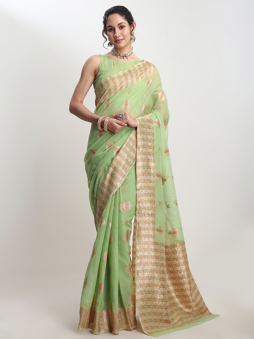Janasya Green Linen Blend Geometric Jacquard Saree