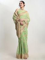 Thumbnail for Janasya Green Linen Blend Geometric Jacquard Saree