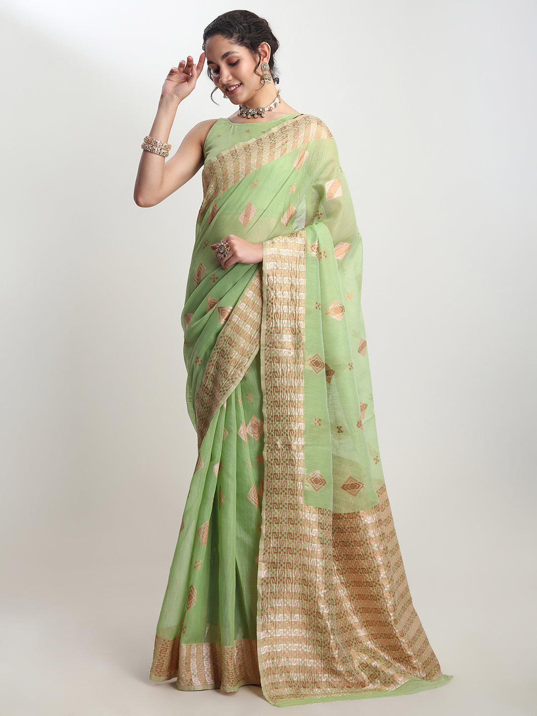 Janasya Green Linen Blend Geometric Jacquard Saree