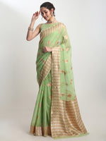 Thumbnail for Janasya Green Linen Blend Geometric Jacquard Saree
