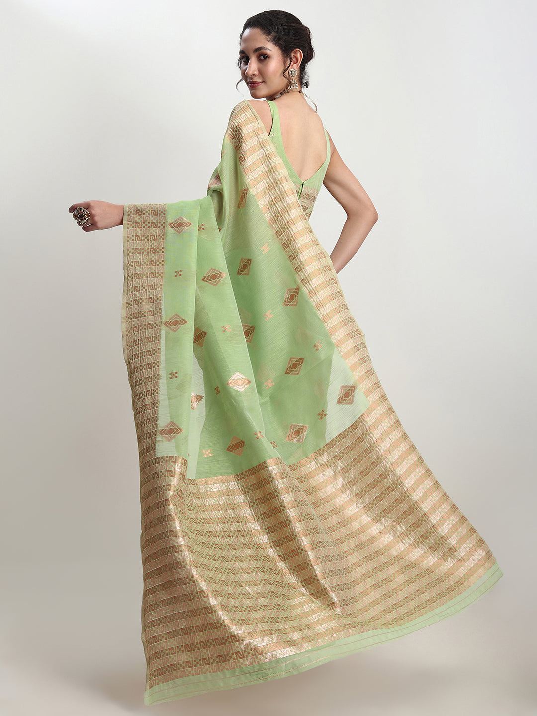 Janasya Green Linen Blend Geometric Jacquard Saree