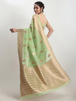 Thumbnail for Janasya Green Linen Blend Geometric Jacquard Saree