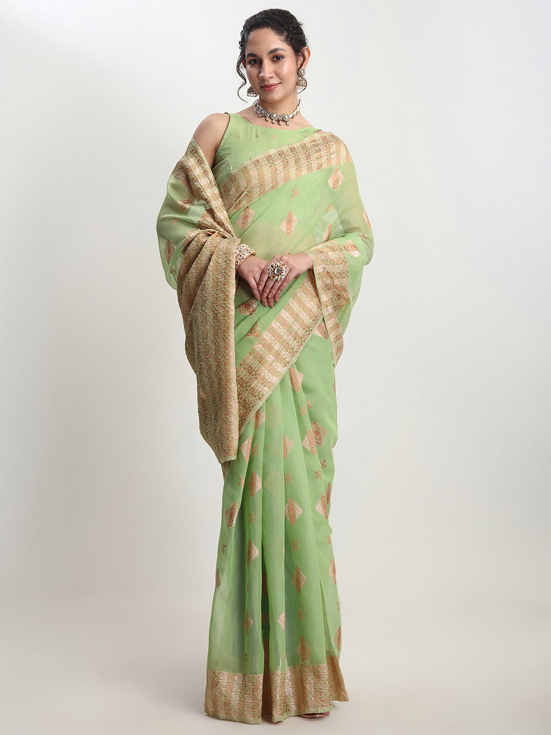 Janasya Green Linen Blend Geometric Jacquard Saree