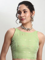 Thumbnail for Janasya Green Linen Blend Geometric Jacquard Saree
