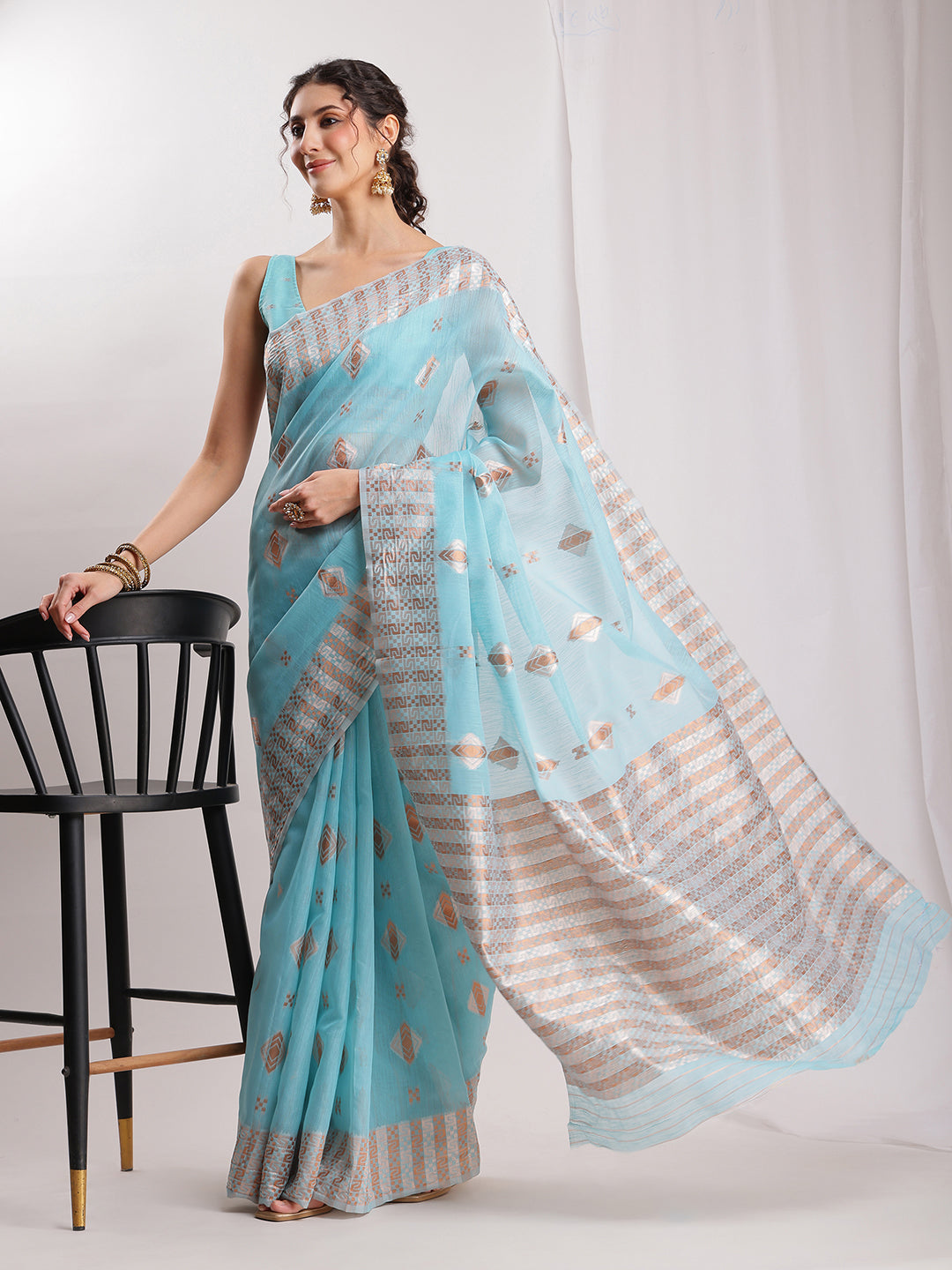 Janasya Sky Blue Linen Blend Geometric Jacquard Saree
