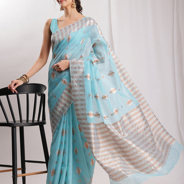 Janasya Sky Blue Linen Blend Geometric Jacquard Saree