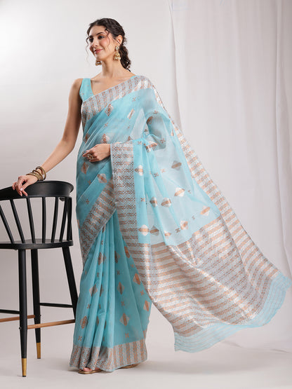 Janasya Sky Blue Linen Blend Geometric Jacquard Saree - Distacart