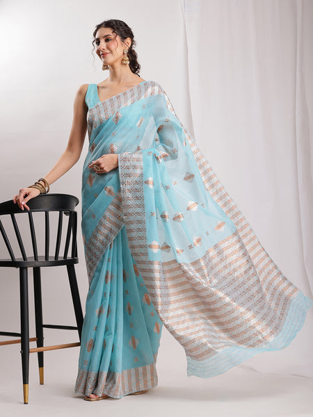 Janasya Sky Blue Linen Blend Geometric Jacquard Saree