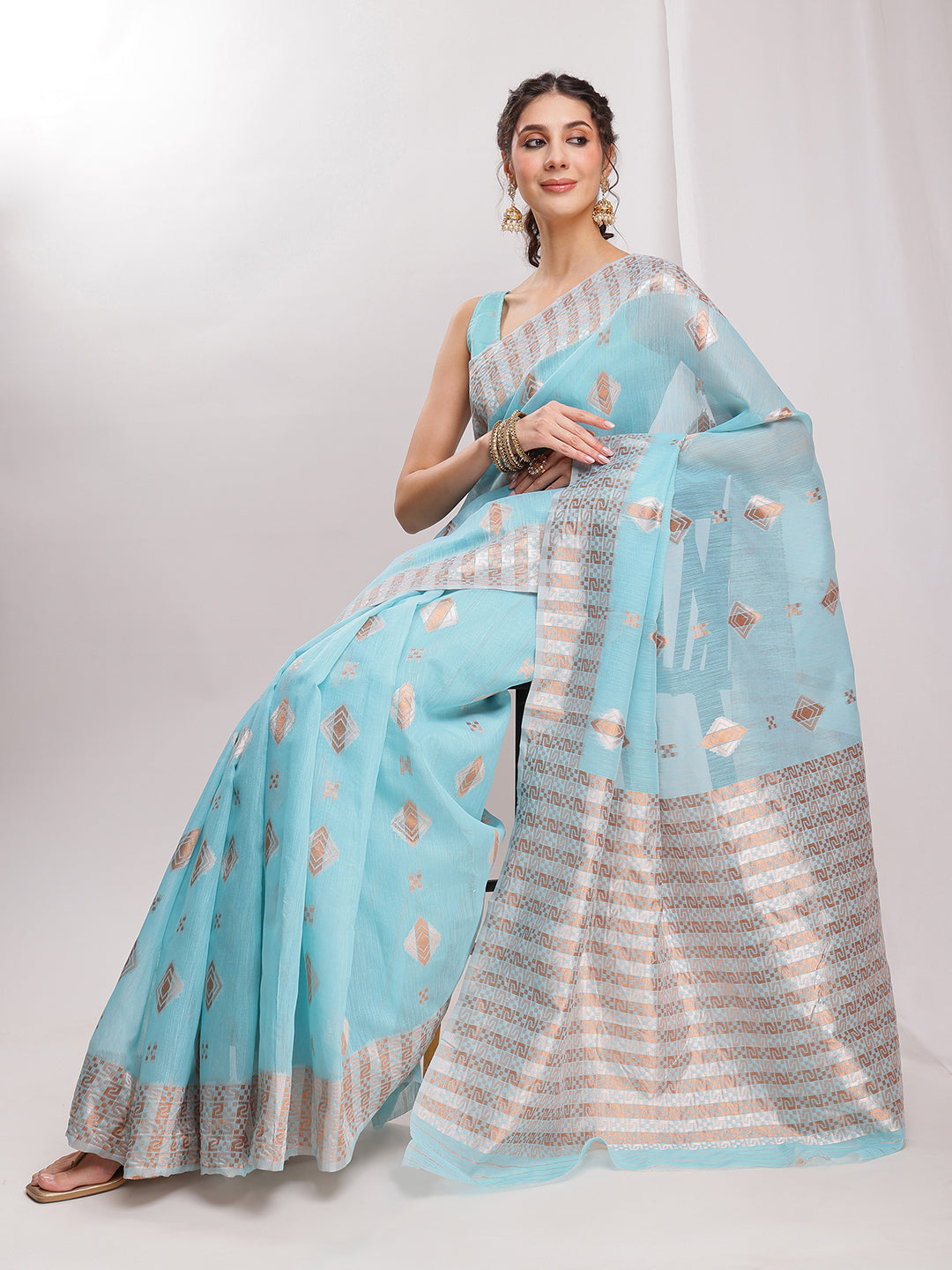 Janasya Sky Blue Linen Blend Geometric Jacquard Saree