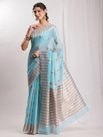 Thumbnail for Janasya Sky Blue Linen Blend Geometric Jacquard Saree