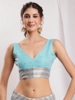 Thumbnail for Janasya Sky Blue Linen Blend Geometric Jacquard Saree
