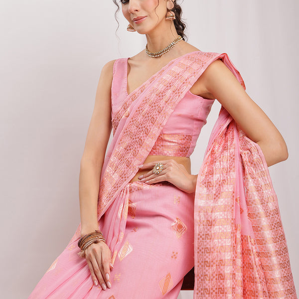 Janasya Pink Linen Blend Geometric Jacquard Saree
