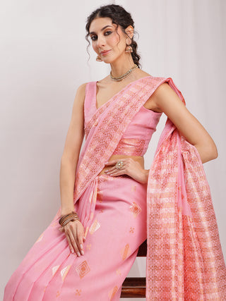 Janasya Pink Linen Blend Geometric Jacquard Saree