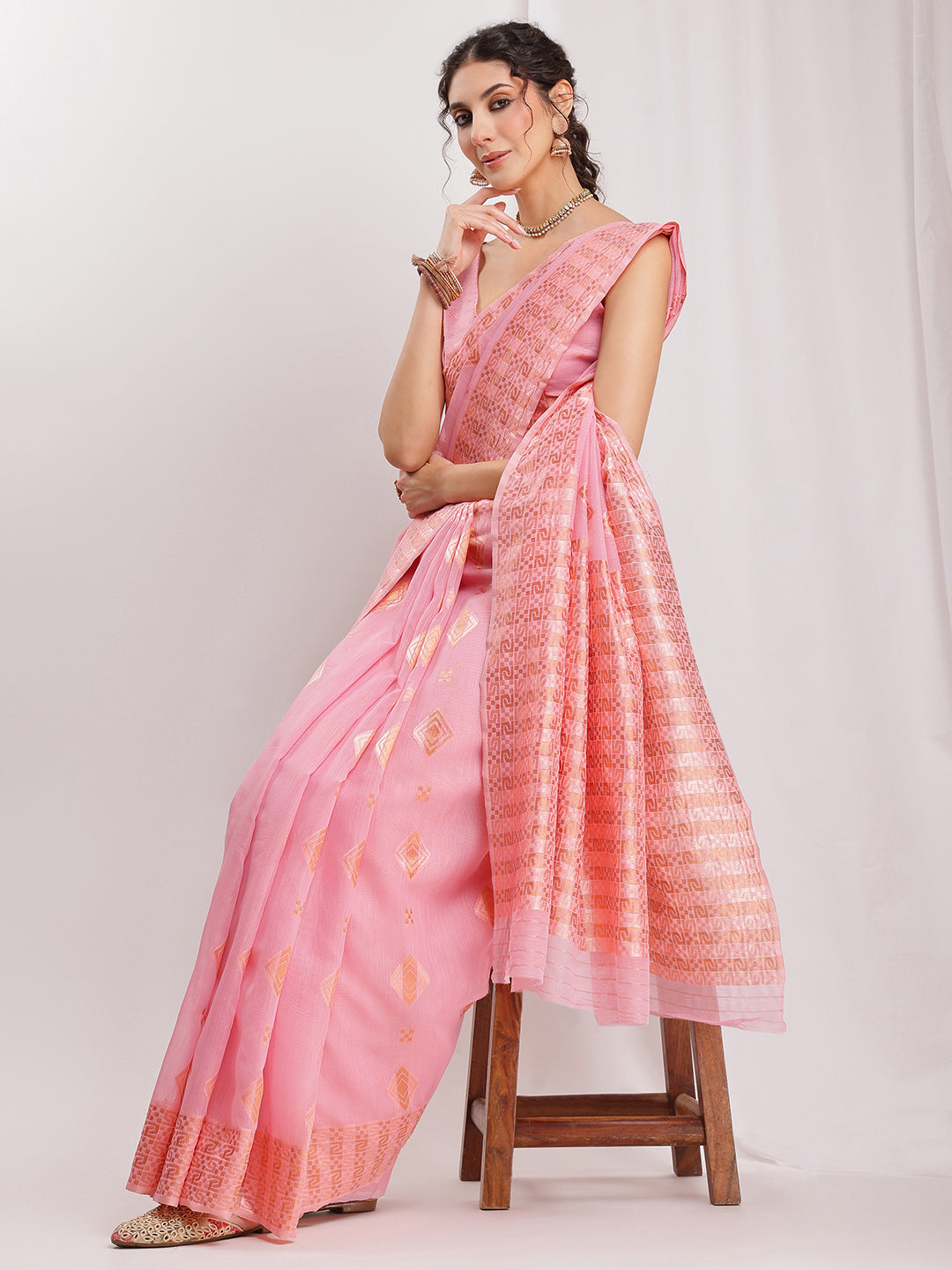 Janasya Pink Linen Blend Geometric Jacquard Saree