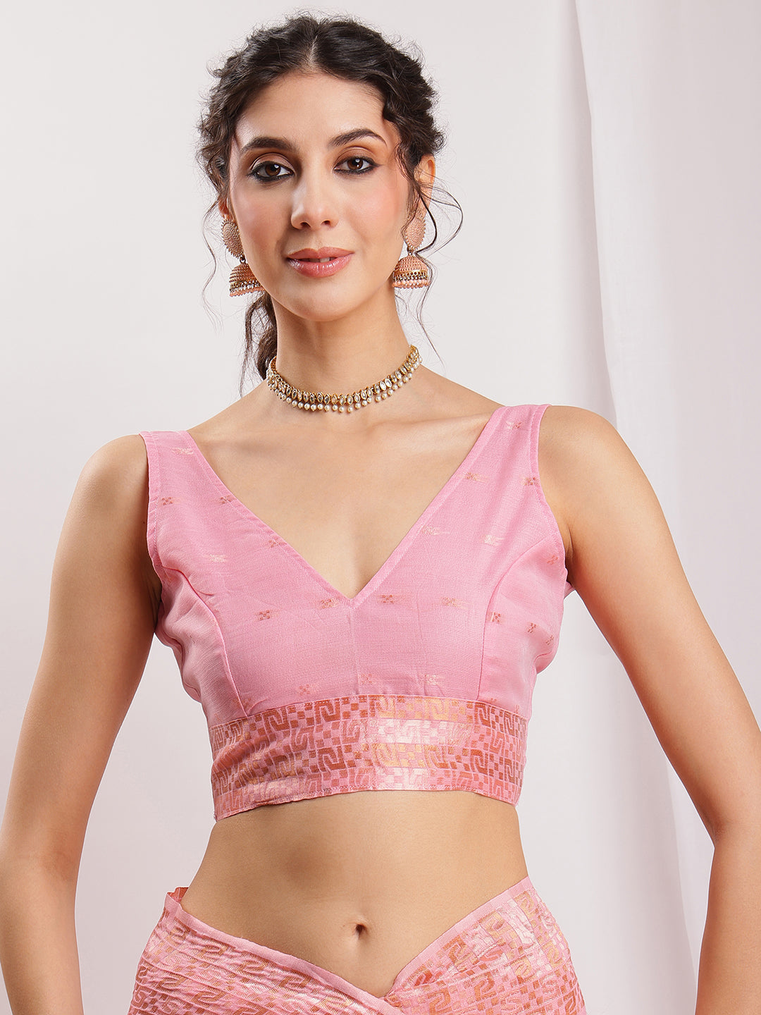 Janasya Pink Linen Blend Geometric Jacquard Saree