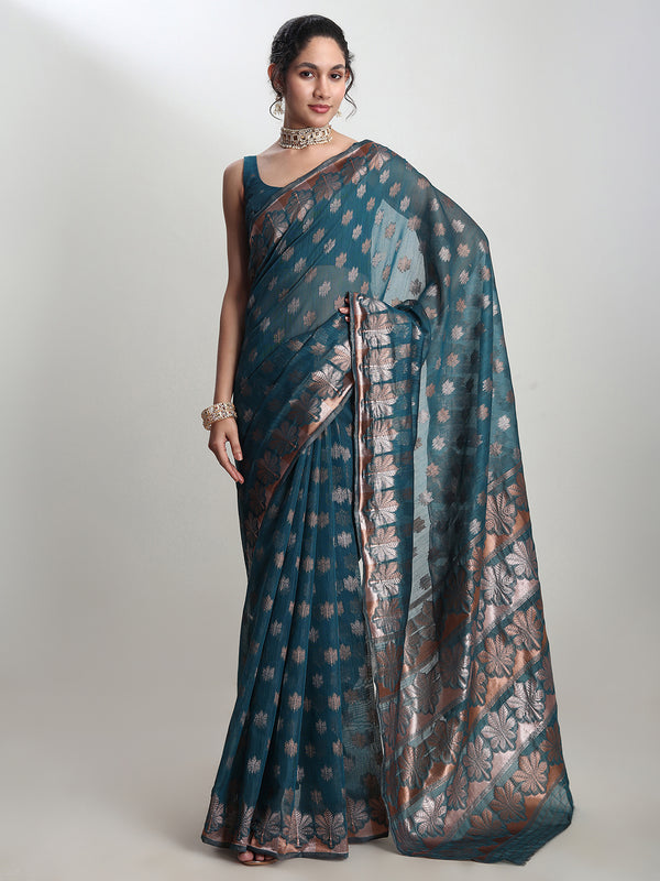 Janasya Teal Blue Linen Blend Floral Jacquard Saree