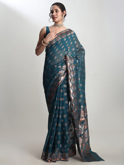 Janasya Teal Blue Linen Blend Floral Jacquard Saree - Distacart