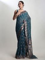 Thumbnail for Janasya Teal Blue Linen Blend Floral Jacquard Saree