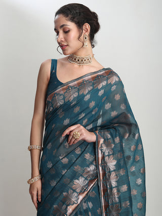 Janasya Teal Blue Linen Blend Floral Jacquard Saree