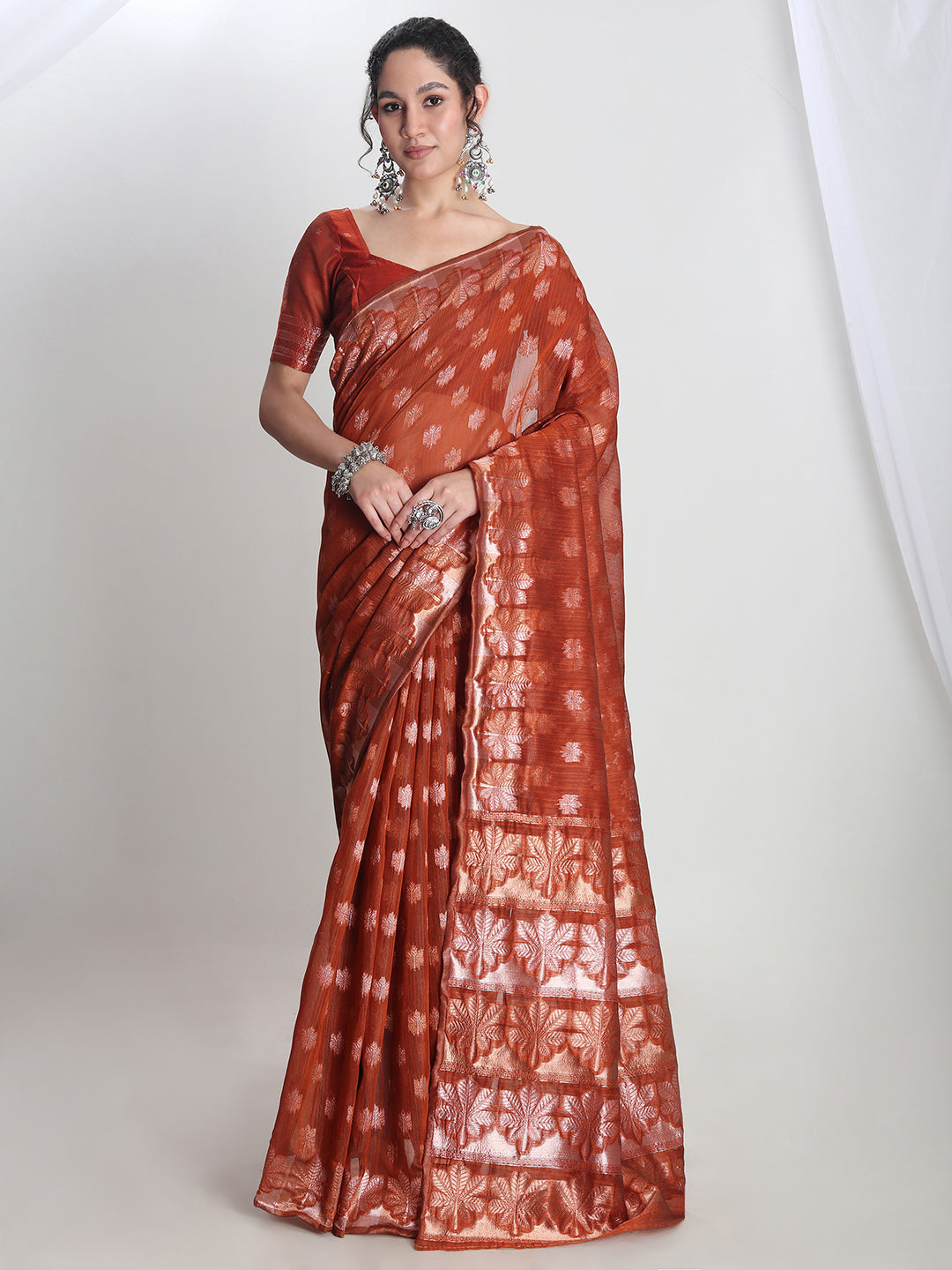 Janasya Rust Linen Blend Floral Jacquard Saree