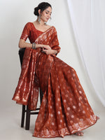 Thumbnail for Janasya Rust Linen Blend Floral Jacquard Saree