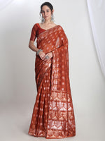 Thumbnail for Janasya Rust Linen Blend Floral Jacquard Saree